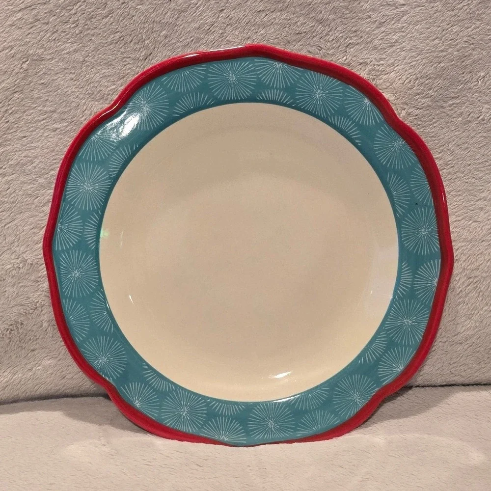 Pioneer Woman Teal Red Scalloped Salad Plate Sunburst Pattern Stoneware 10.5in